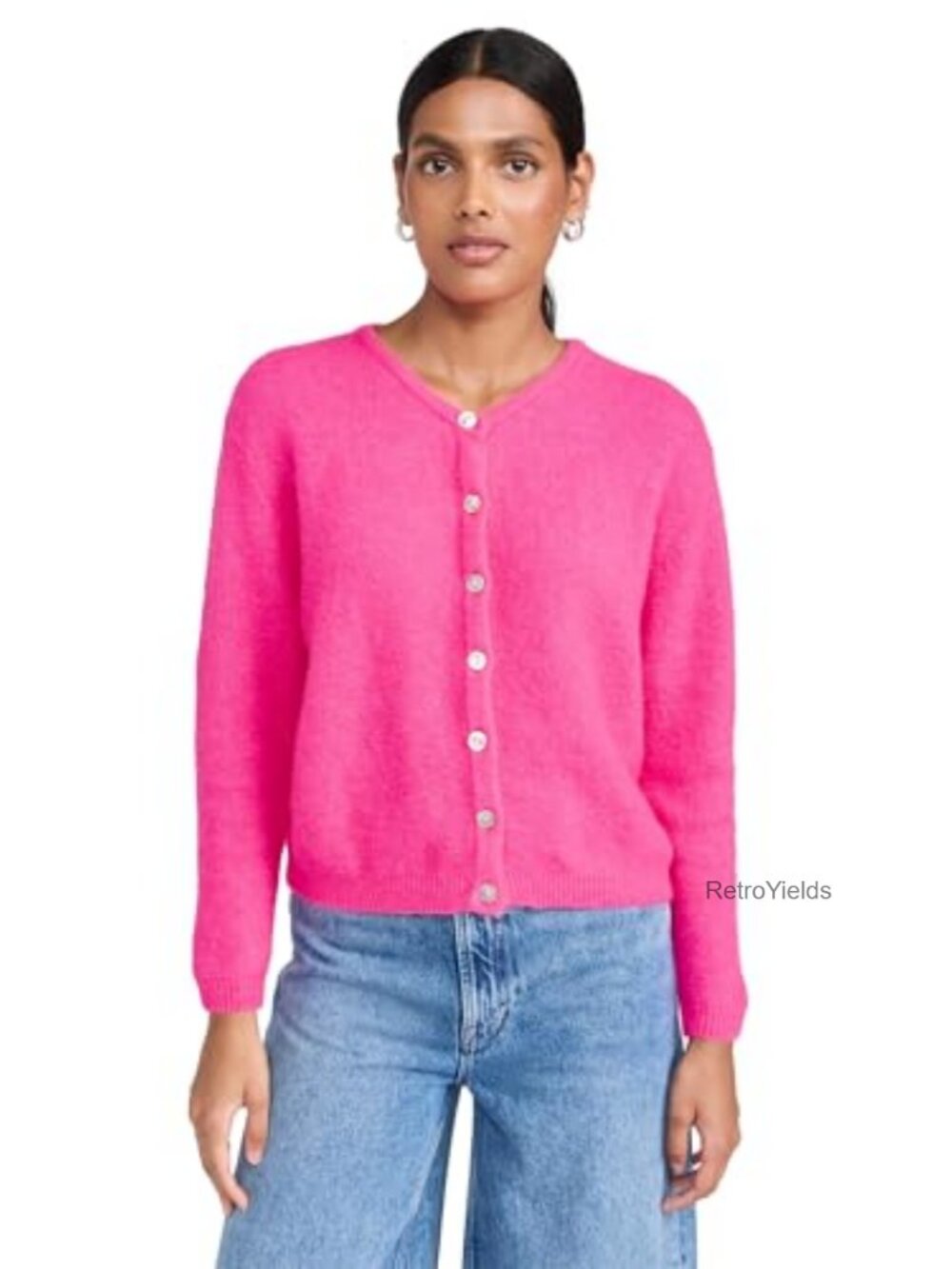 Cropped Cardigan Sweater with Mother-of-Pearl Buttons, Ribbed Edging, Crew